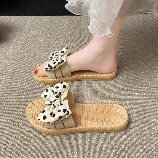 Women’s Polka Dot Bowknot Flat Slippers – Korean Style Summer Sandals