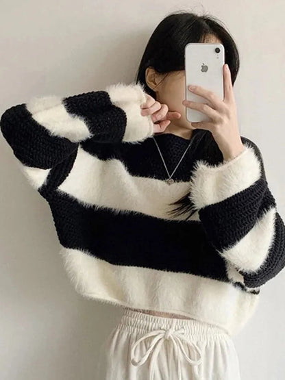Women’s Striped Lantern Sleeve Pullover Sweater – Casual Winter Knit