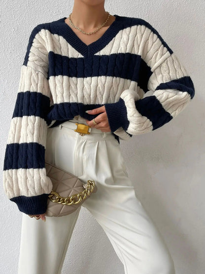 Autumn/Winter V-Neck Pullover Striped Sweater for Women – Loose & Comfortable Color Blocking Casual Trendy Knitted Tops