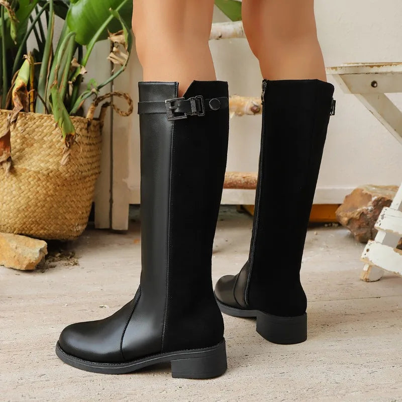 Women’s Tall Knight Boots – PU Leather Retro Belt Buckle Motorcycle Boots for Autumn/Winter