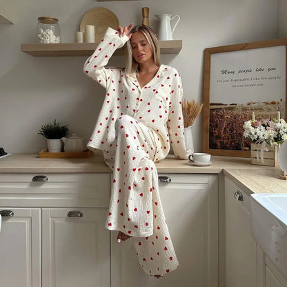 Women's Cotton Pajama Set – Summer Heart Print 2-Piece Sleepwear, Long Sleeve Button-Down Lapel Nightwear