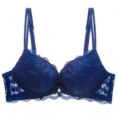 Sexy Push Up Bra Set for Women – Deep V, Thick Cotton, Lace Embroidery, Floral Blue Lingerie