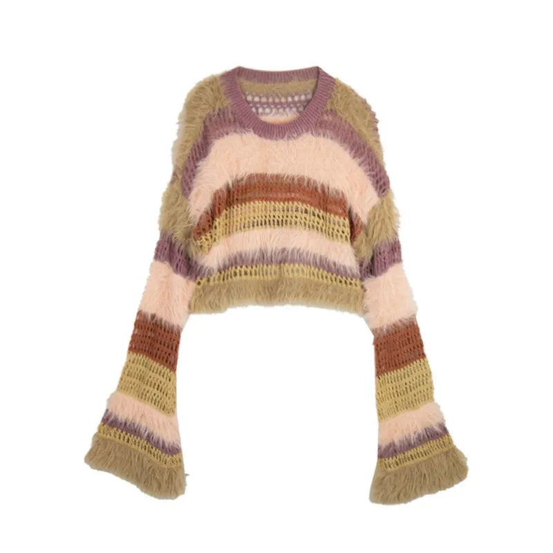 Rustic Loose Striped Knit Sweater Jacket for Women – Fur Spliced Pullover, Casual Spring & Autumn Outfit