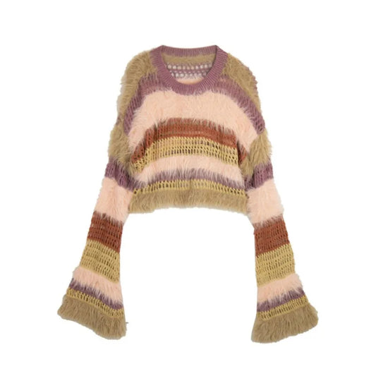 Rustic Loose Striped Knit Sweater Jacket for Women – Fur Spliced Pullover, Casual Spring & Autumn Outfit