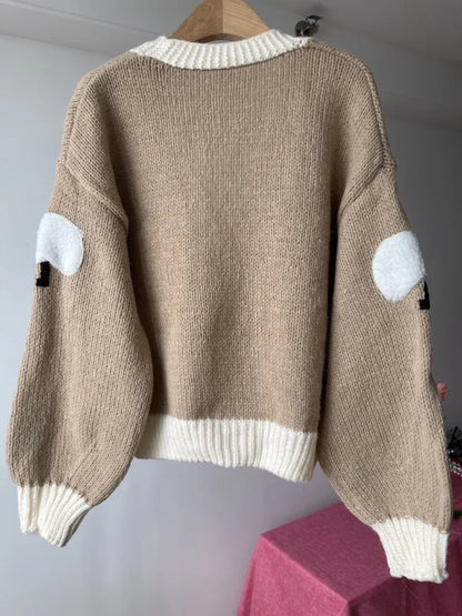 Chunky Sheep Crochet Cardigan – V-Neck Autumn Sweater