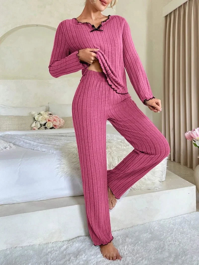 Women's Ribbed Pajama Set – Long Sleeve Top & Pants, Cozy Autumn Winter Loungewear & Sleepwear