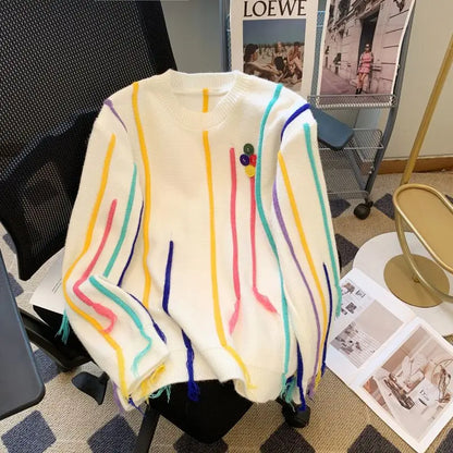 Winter Tassels Rainbow Striped Sweater Coat for Girls – Loose Oversized Y2K Knitted Pullover Jumper, Korean Fashion Top for Women