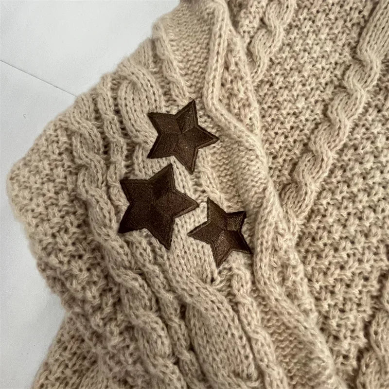 Butterfly Knitted Cardigan for Women – Beige Sweater with Brown Star Embroidery, V Neck Vintage Autumn Winter Tops