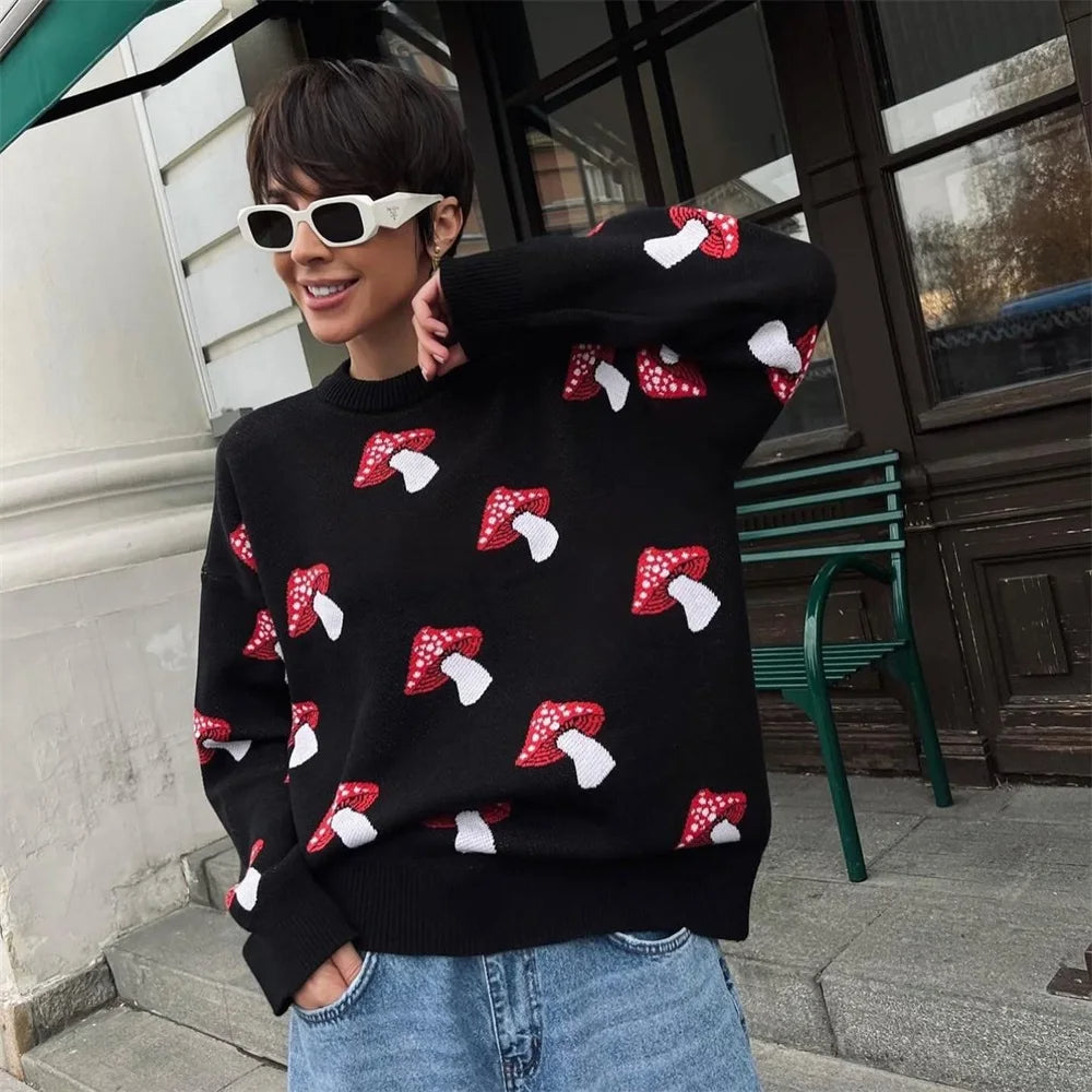 Mushroom Graphic Print Sweater – Trendy 2025 Fashion, Long Sleeve Plus Size Casual Streetwear Pullover for Women