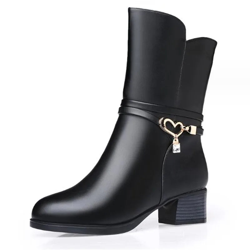 Solid Black Snow Boots for Women | Warm Ankle Winter Boots with Furry Lining & Metal Accents