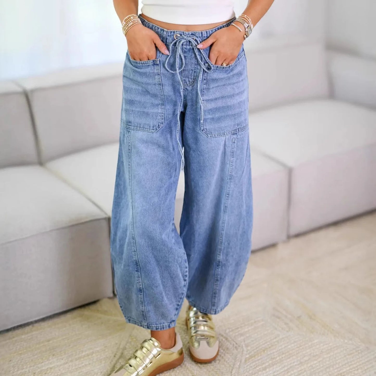 Street Fashion American Retro Denim Pants – Loose Fit & Ankle-Length Style