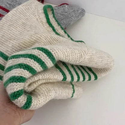 Women’s Retro Striped Knit Pullover – Casual Korean O-Neck Sweater