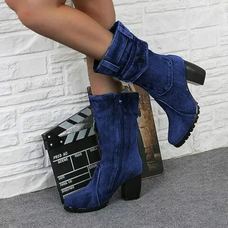 Women's Pointed-Toe Denim-Style High-Heeled Cowboy Boots – Autumn/Winter Casual Chic Footwear