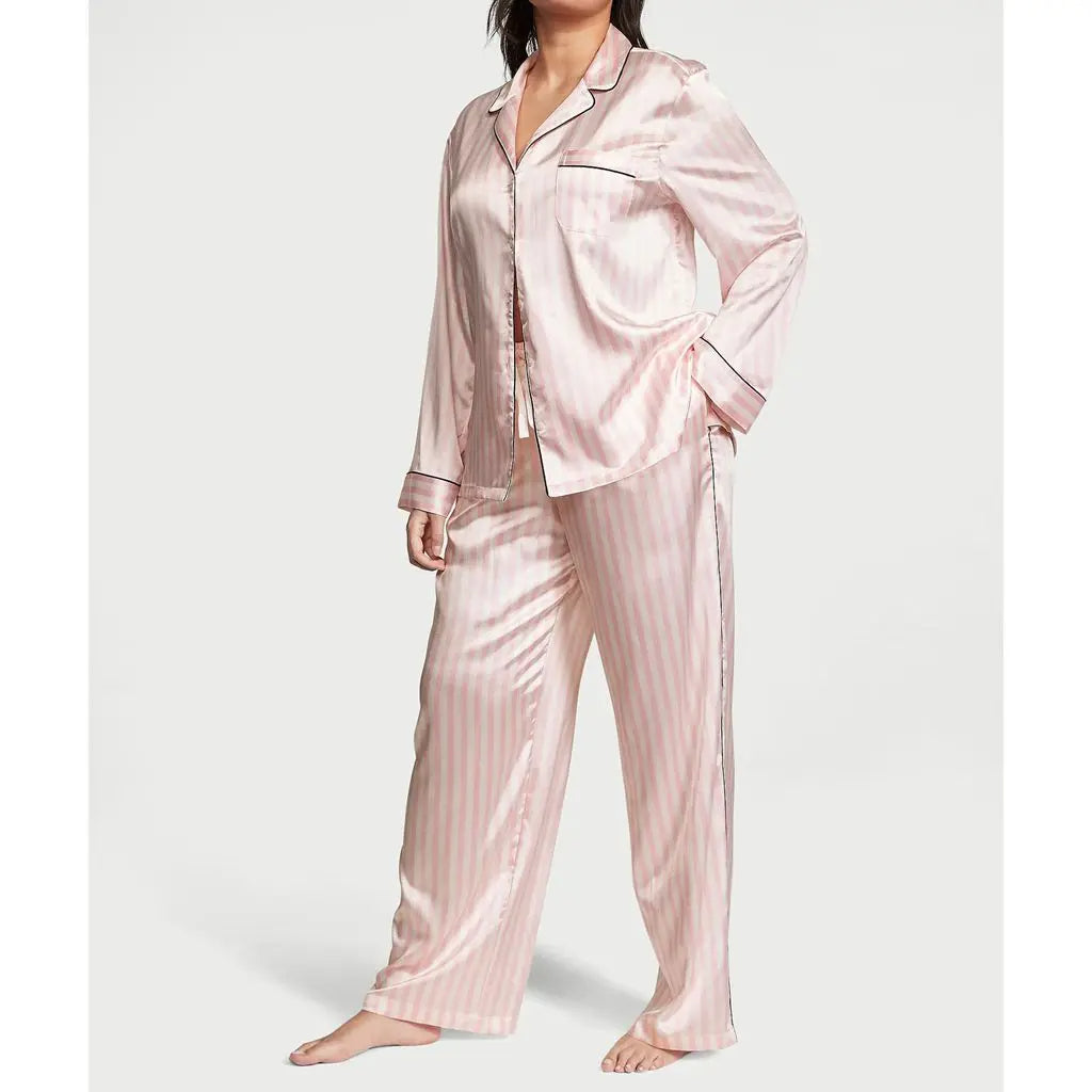 Women's Satin Pajama Set – 2-Piece Star Print Loungewear with Lapel Shirt & Elastic Waist Pants