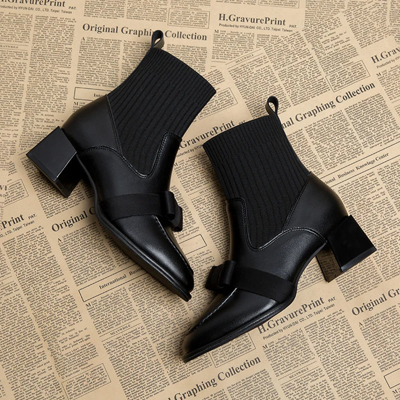 Women's Mid-Calf Bow-Embellished Chunky Heel Sock Boots – 2024 Winter Gothic Fashion Ankle Booties