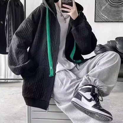 Korean Waffle Zipper Hoodie – Men’s Plaid Streetwear