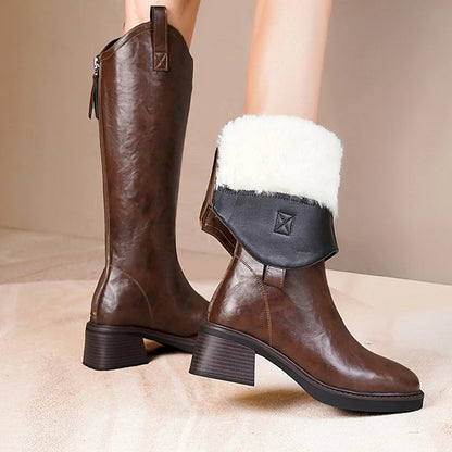 Women’s Long Leather Winter Boots – Wool Lined Mid-Calf Cowboy Style with Square Heel