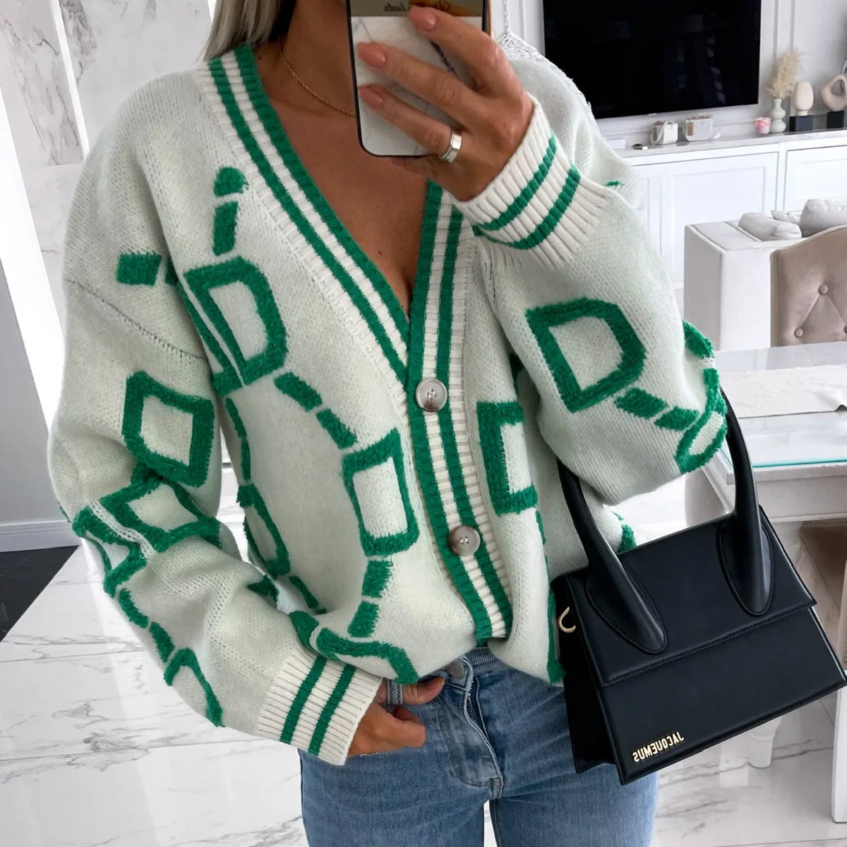 Autumn Fashion Womens Jacquard Weave Knitted Cardigan