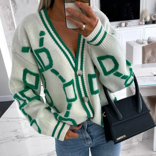 Autumn Fashion Womens Jacquard Weave Knitted Cardigan