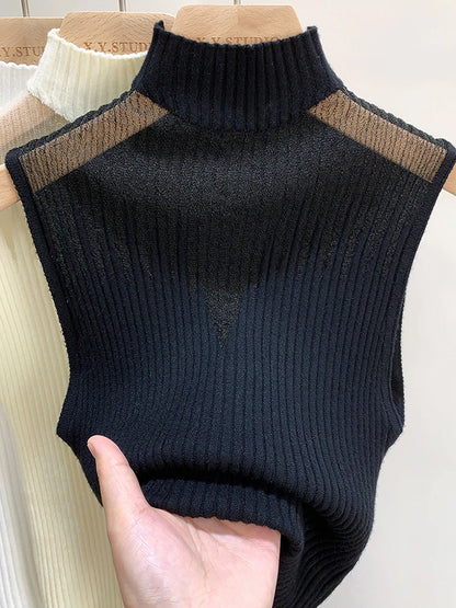 Half Neck Mesh Knitted Tops