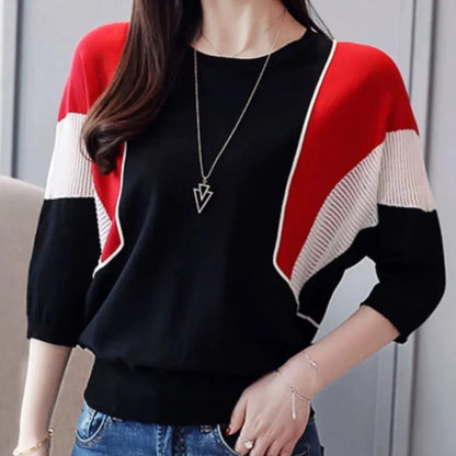 Elegant Contrast Color Patchwork Sweater – Office Lady Style, O-Neck 3/4 Sleeve Knitted Pullover for Women