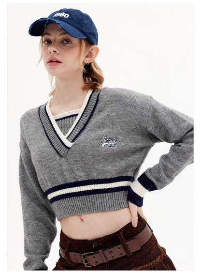 Two-Tone V-Neck Sweater for Women – Cute Oversized Pullover with Embroidery