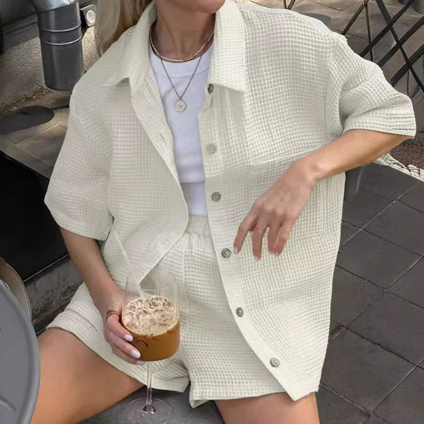 Waffle-Texture Loose Shirt & Shorts Two-Piece Outfit Set | Casual Summer Vibes Style 2025
