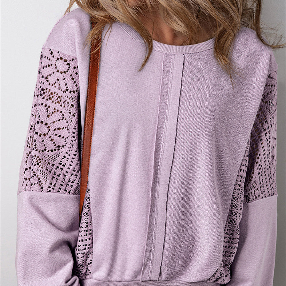 Loose Shoulder Pullover Top for Women – Floral Casual Hollow-Out Design