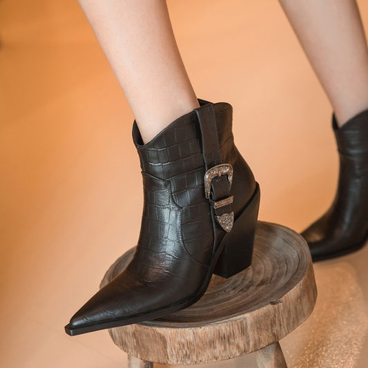 Metal Belt Buckle Thick Heel Women Winter Ankle Boots