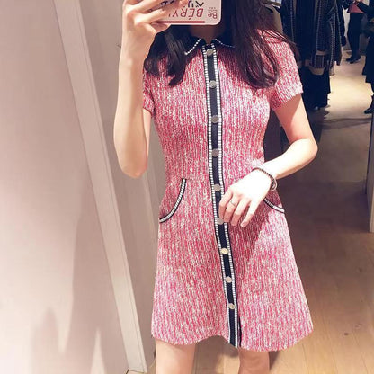 2025 Womens Pink Woolen Short Dress Casual Loose Long Sleeve Round Neck Summer Fashion