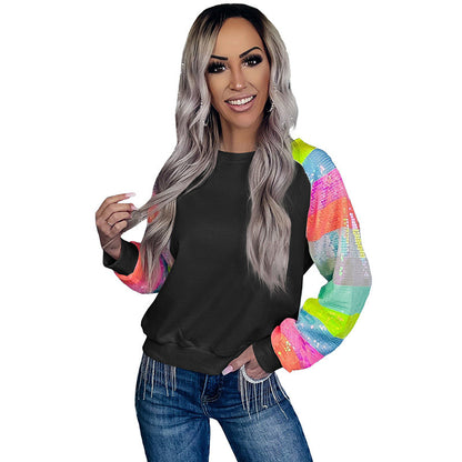 Women’s Casual Pullover Top – Round Neck, Long Sleeves with Sequins, Japanese & Korean Style