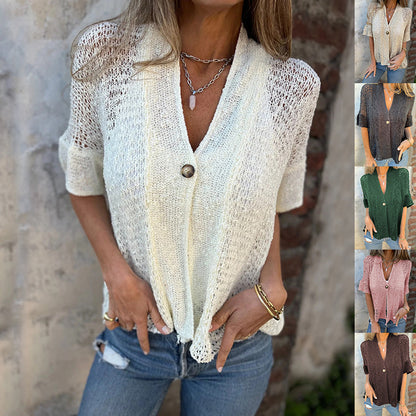 V-Neck Hollow Out Knit Cardigan Top for Women – Lightweight Layering Outfit