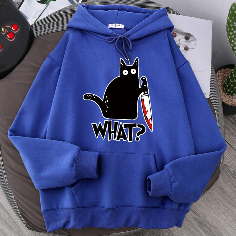 Cozy Style for Teens Killer Black Cat Patterned Wool-Lined Hoodies