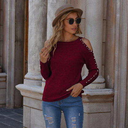 Beaded Off-Shoulder Knit Pullover – Fall & Winter Glam