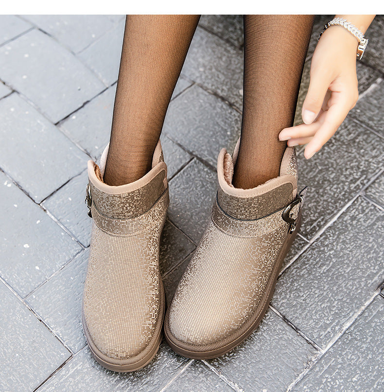 Slip-On Fleece-Lined Snow Boots for Women | Mid-Top Ankle Winter Boots with Sequin Detail