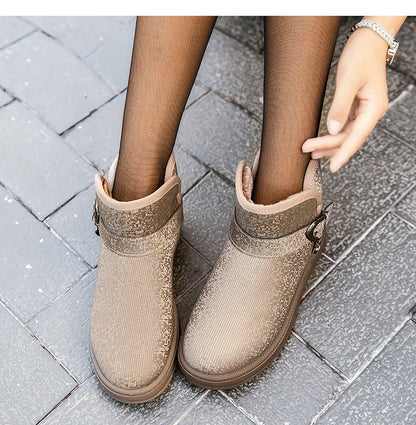 Slip-On Fleece-Lined Snow Boots for Women | Mid-Top Ankle Winter Boots with Sequin Detail