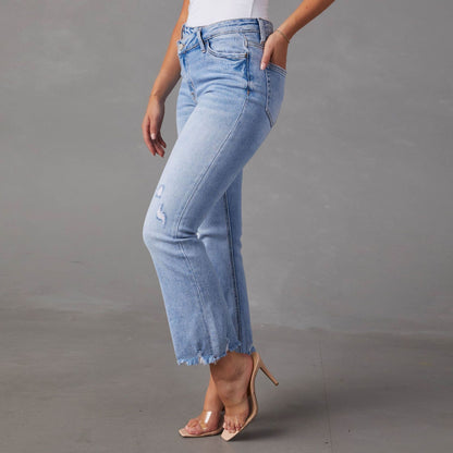 Distressed Light Wash High-Waist Jeans – Ripped Cotton Denim for Women