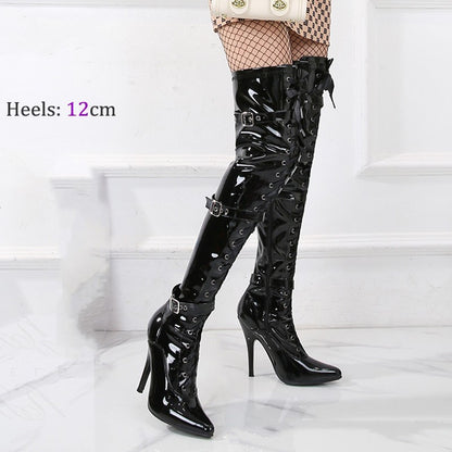 Mirror Buckle Over-the-Knee Boots for Women | 12cm Stiletto Heel PU Leather Glam Boots