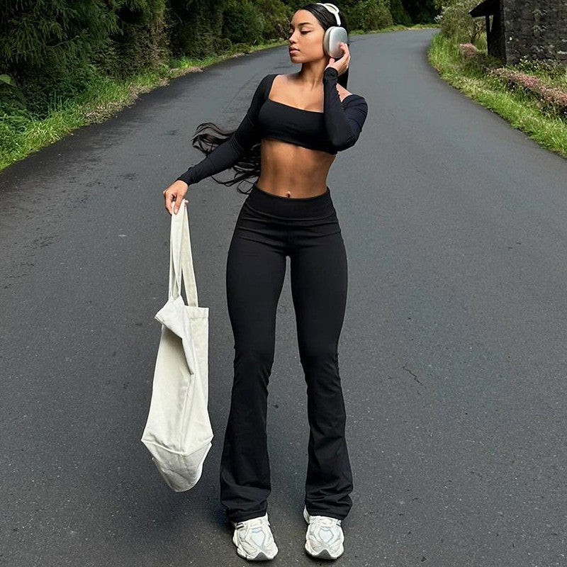 Square Neck Bodycon Jumpsuit Slim Fit Flared Pants For Fall Winter