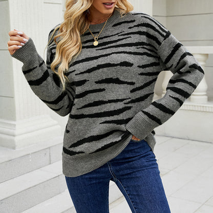 Autumn & Winter Striped Tiger Pattern Pullover Sweater for Women