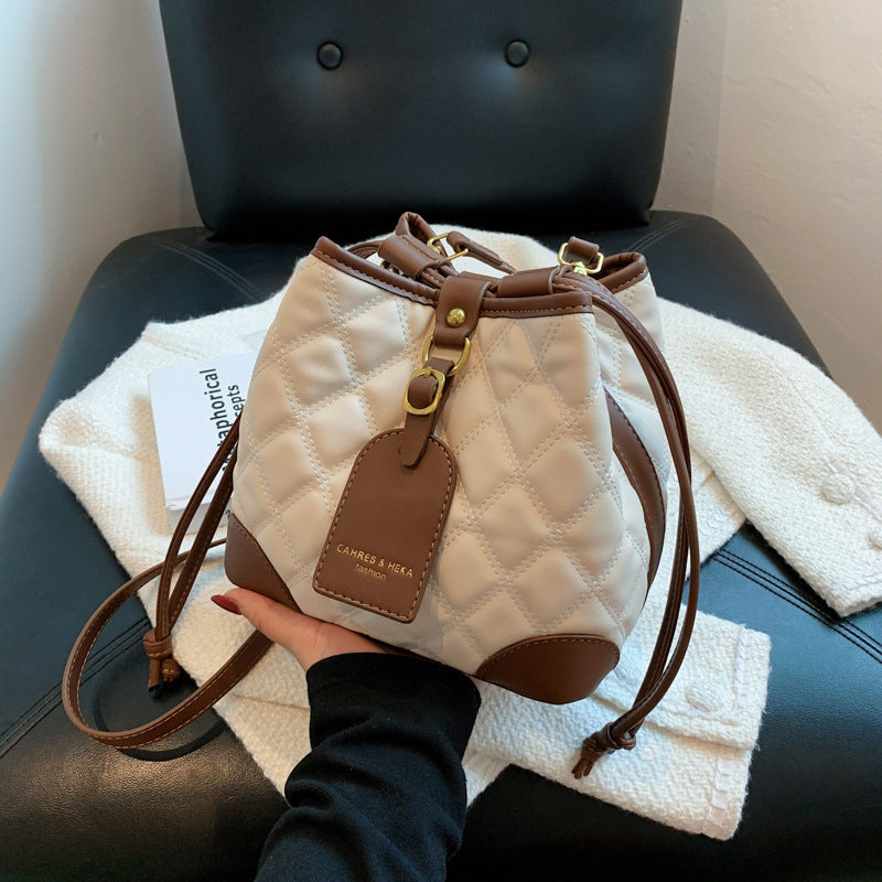 Korean-Inspired Rhombus Pattern PU Bucket Bag Small Handbag