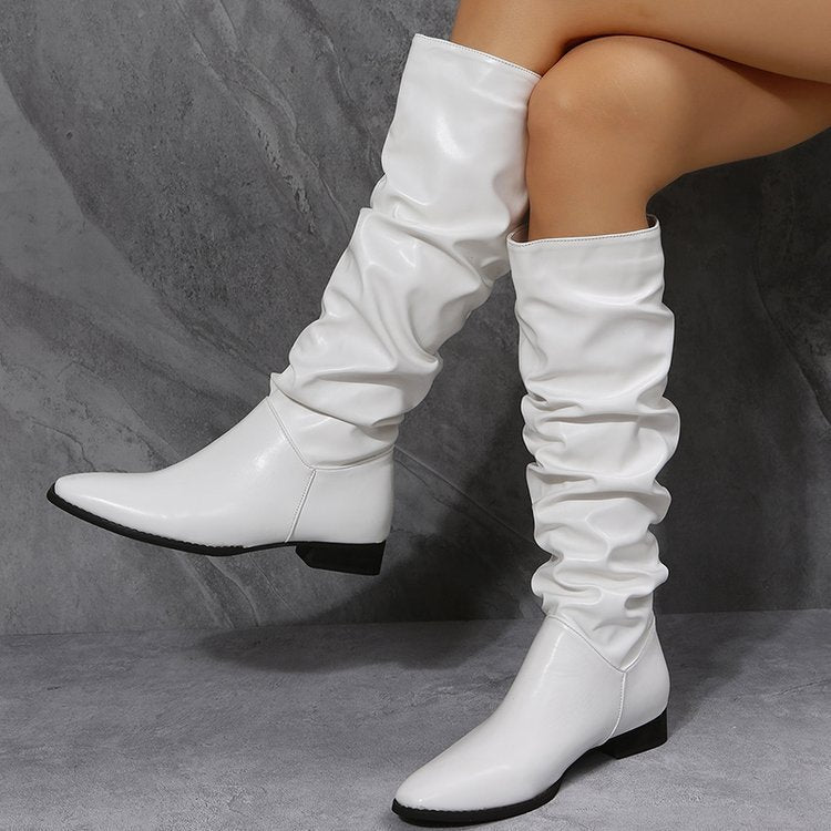 Pointed Toe Folding Tube Long Boots for Women | Chic Low Heel Winter & Fall Boots