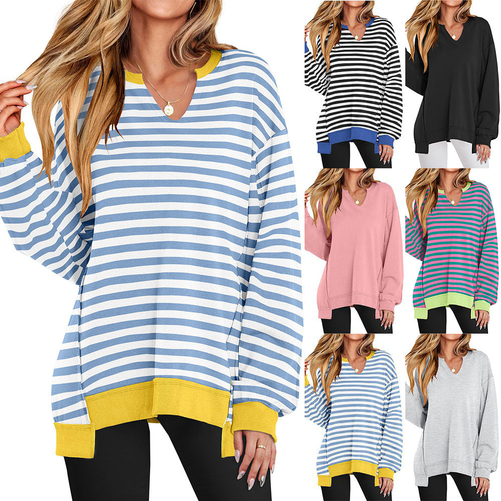 Colorful Striped V-Neck Loose Sweatshirt – Bold Comfort with Street Fashion Vibes