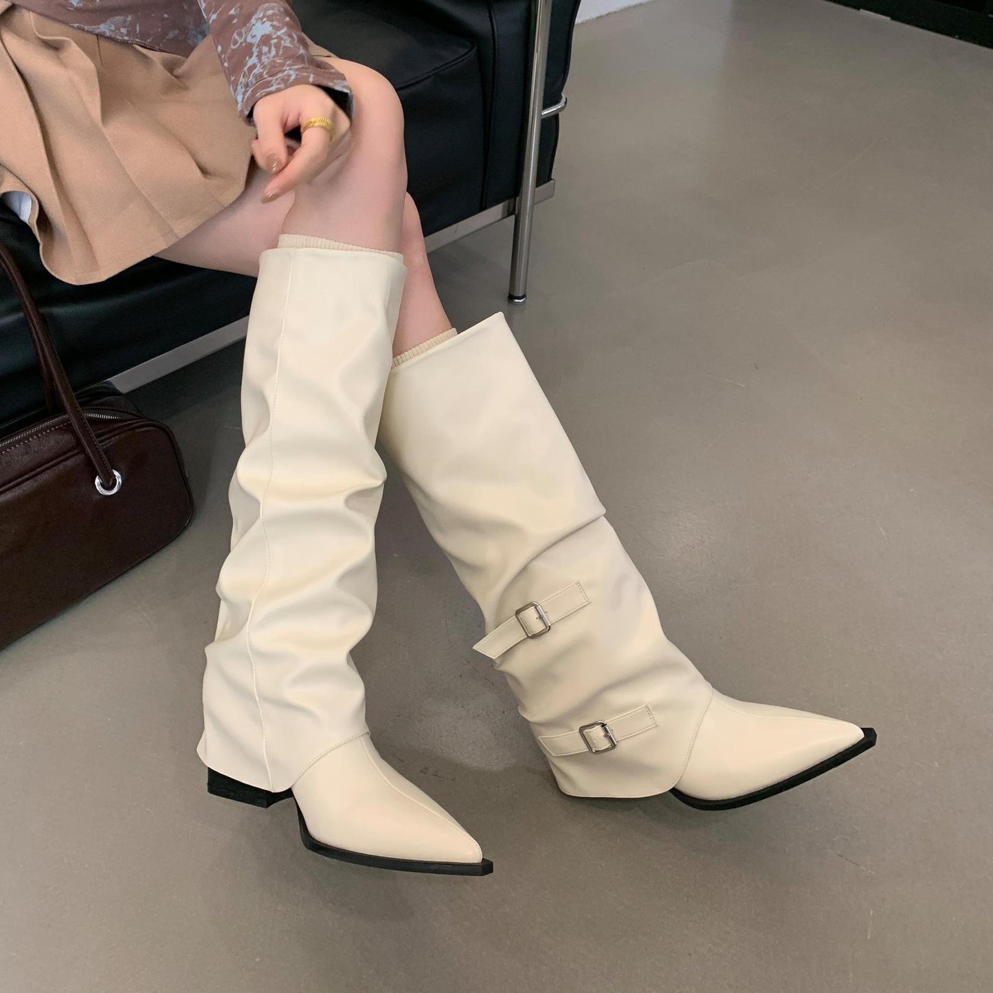 Buckle Design Square Mid Heel Women Knee High Boots
