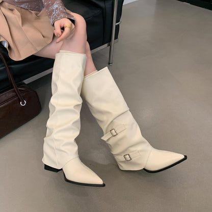 Buckle Design Square Mid Heel Women Knee High Boots