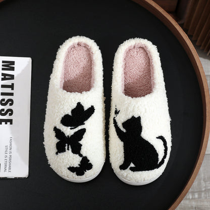 Unisex Winter Cotton Slippers – Embroidered Butterfly Cat Cozy Indoor Shoes
