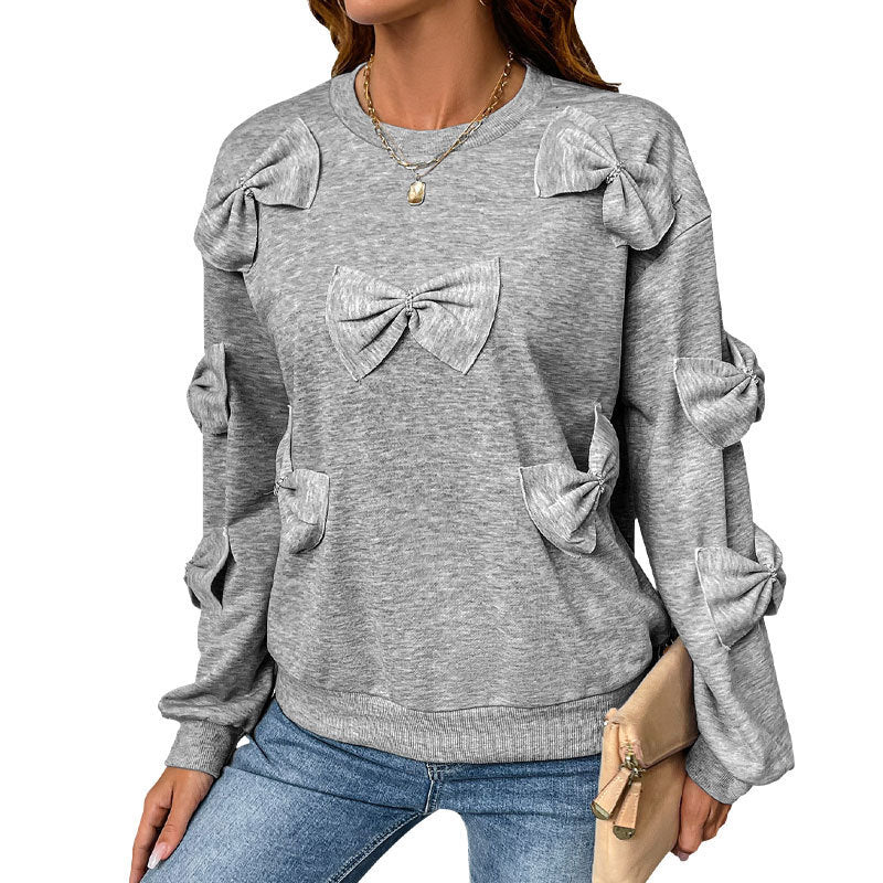 Casual Cool Bow Stitching Gray Round-Neck Cotton Sweaters for Women