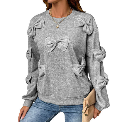 Casual Cool Bow Stitching Gray Round-Neck Cotton Sweaters for Women