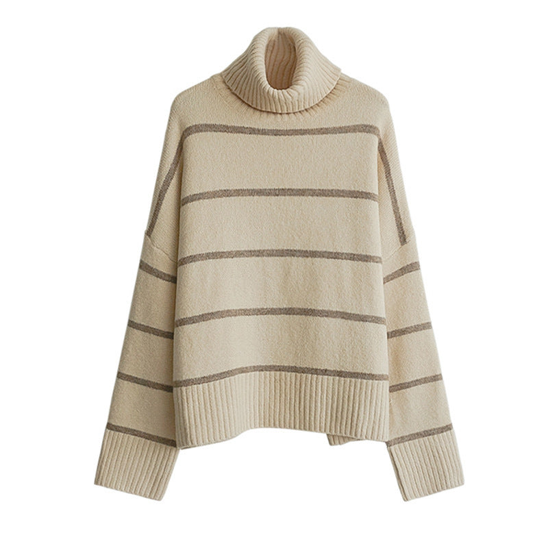 Women’s Striped Turtleneck Sweater – Thick Knit Casual Pullover