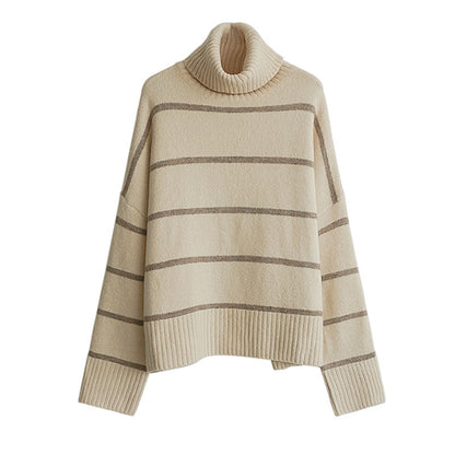 Women’s Striped Turtleneck Sweater – Thick Knit Casual Pullover